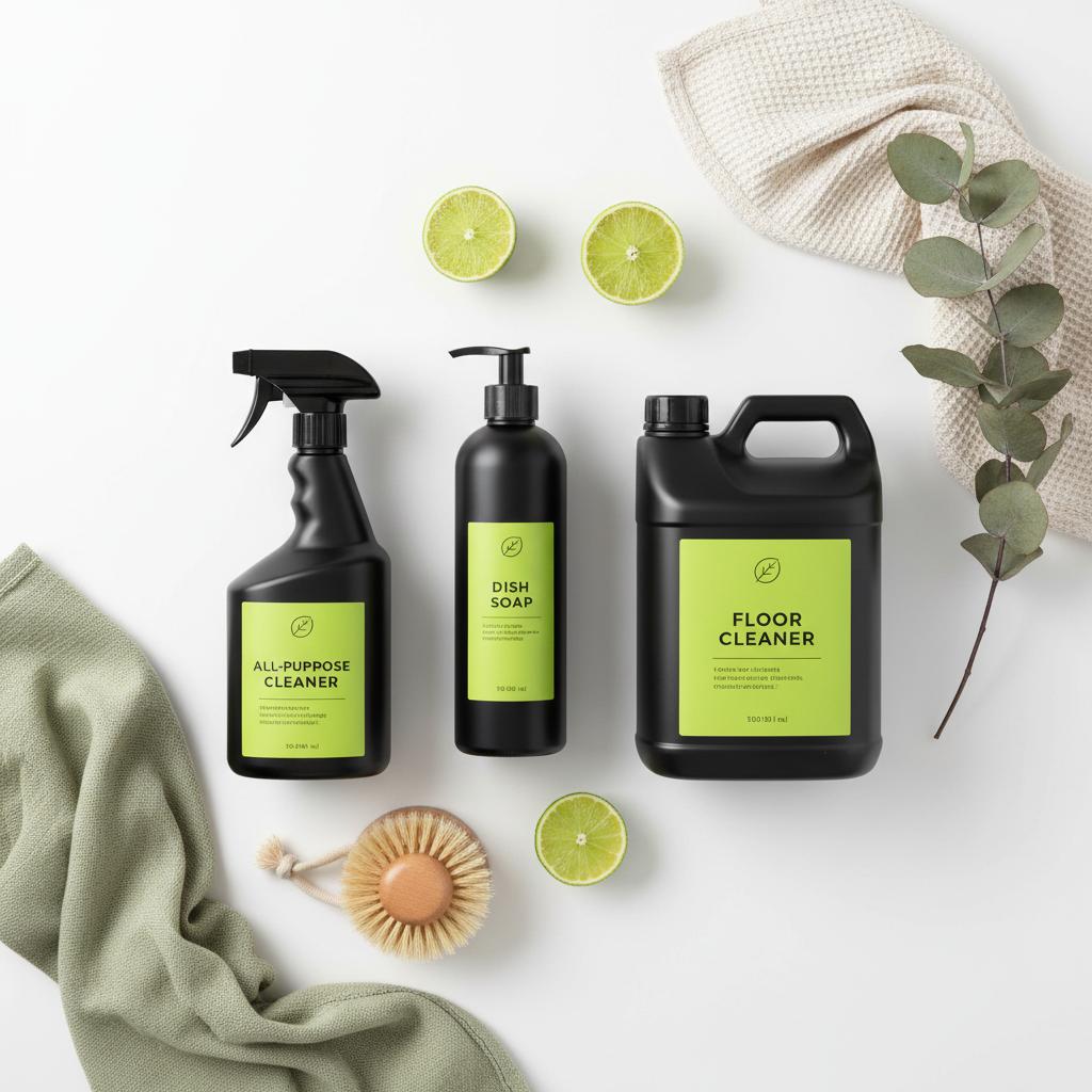 Cleaning products flat lay