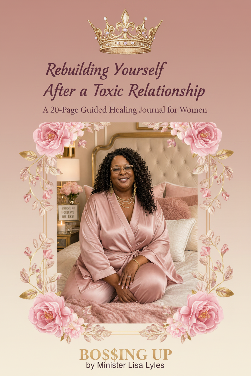 Journal cover featuring a woman in pink satin robe with champagne gold crown design