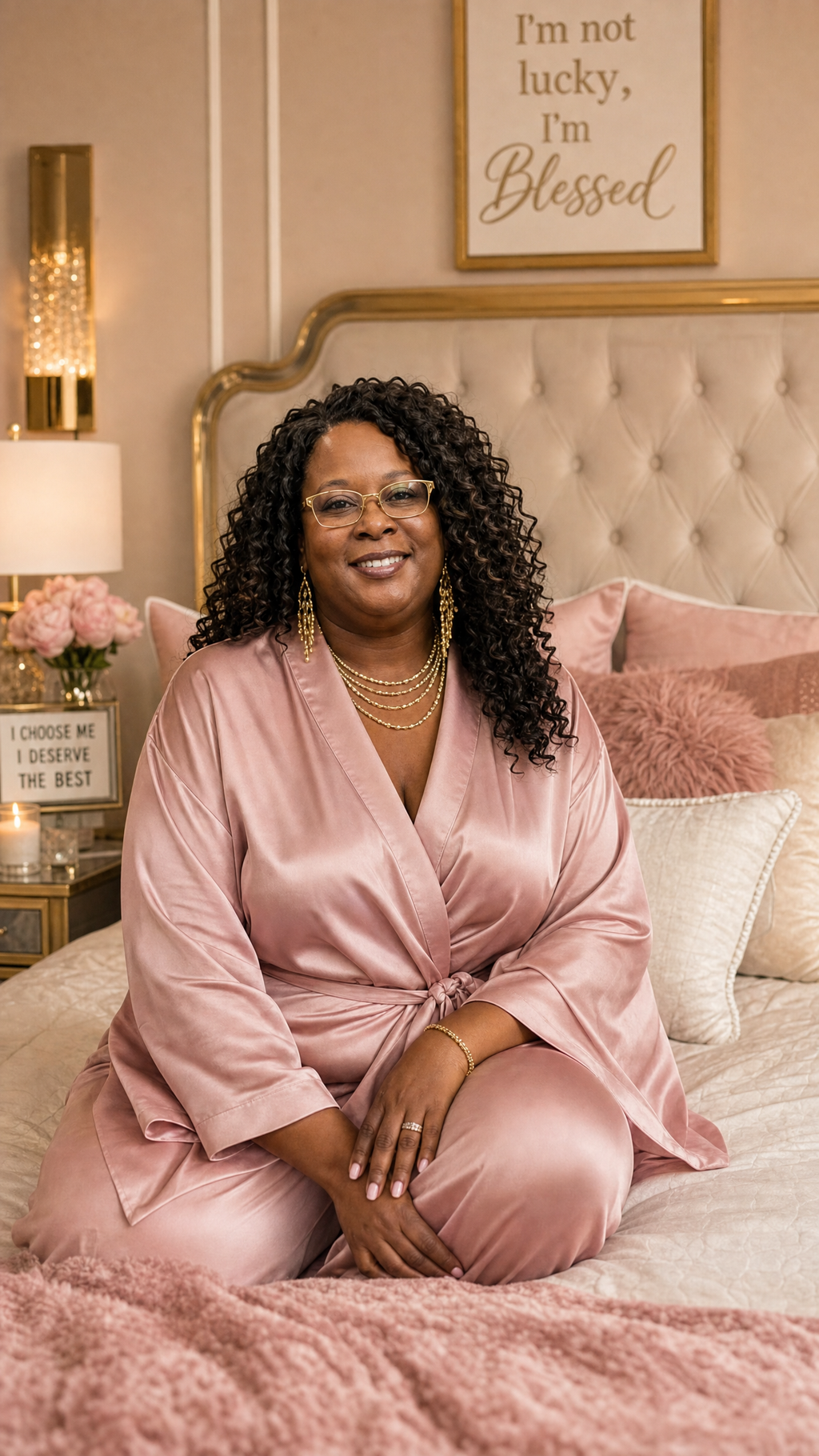Minister Lisa Lyles in pink satin robe sitting on bed with 'I'm not lucky, I'm Blessed' sign